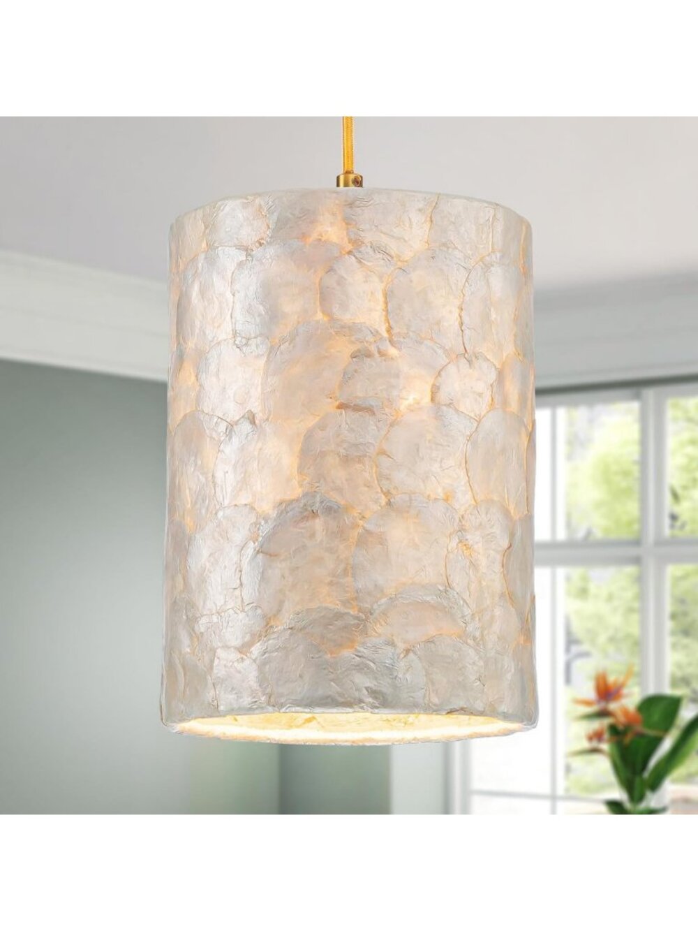 Coastal Capiz Shell Chandelier - Adjustable 1-Light Fixture for Dining & Living